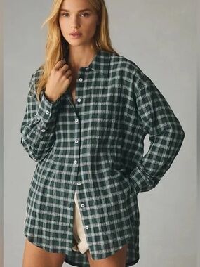 Anthropologie Green & White Plaid Button-Up Tunic